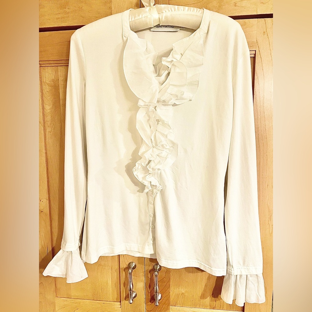 Anne Fontaine Ivory White Button Front Ruffle Blouse Size 6-8